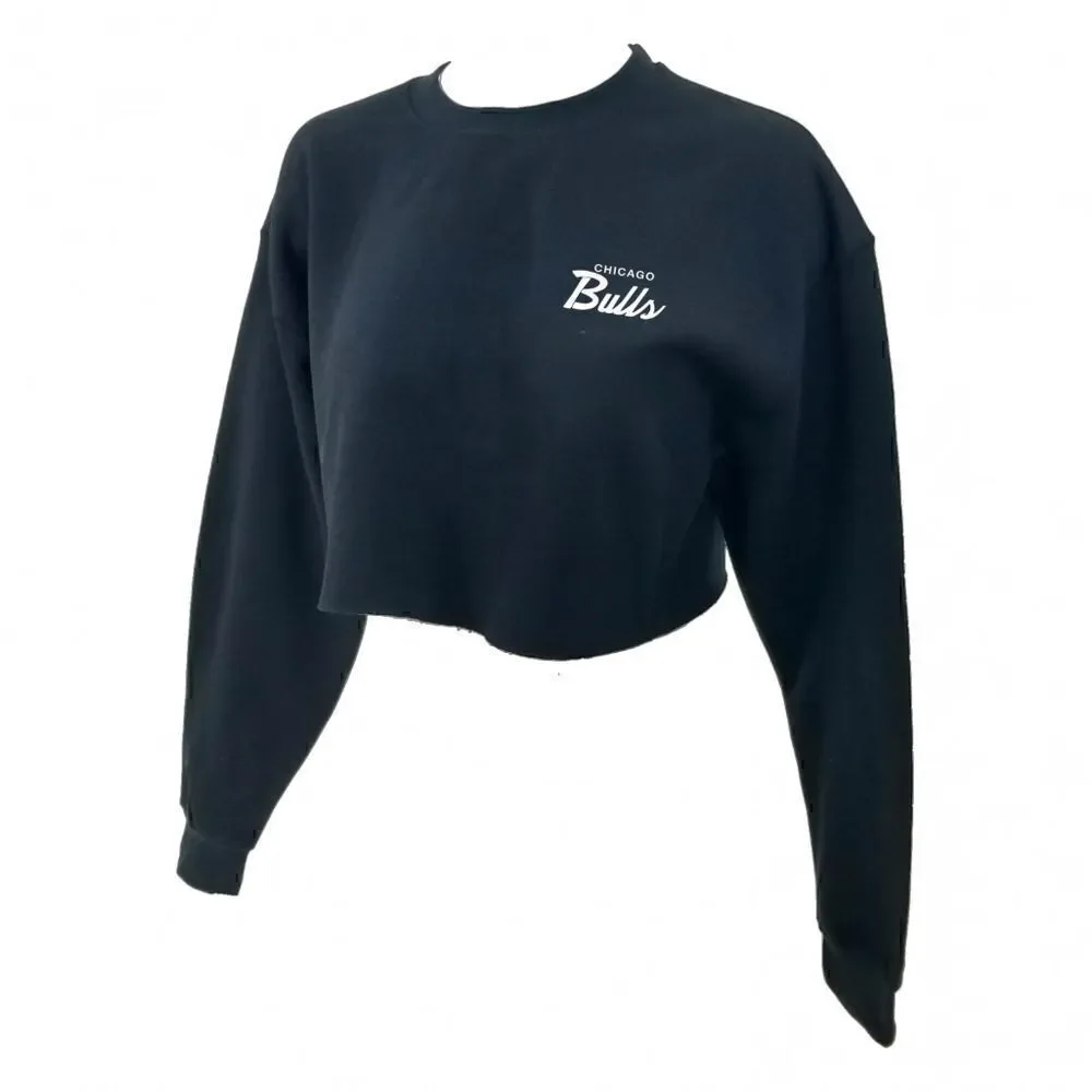 CHICAGO BULLS Double Script Logo BLACK Cropped Crop Top Crewneck Sweatshirt y2k - Picture 3 of 6